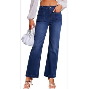 Genleck Flare Jeans Women Size 8 Dark Blue NWT Patch Pocket High Waist Stretch